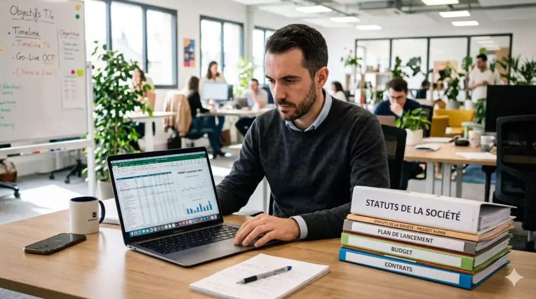 banque pro creation entreprise 2026 : créateur d'entreprise devant son ordinateur et ses statuts de société
