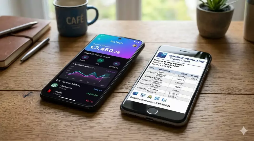 banque pro vs banque traditionnelle entreprise : deux smartphones côte à côte montrant une application moderne vs une interface classique