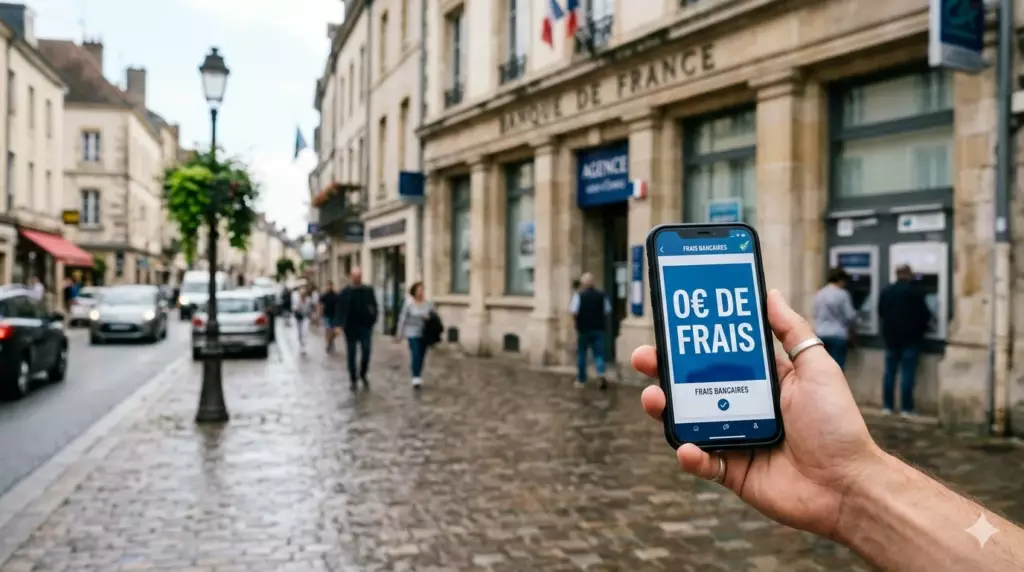 banque pro vs banque traditionnelle entreprise : une agence bancaire en arrière-plan flou derrière une application mobile