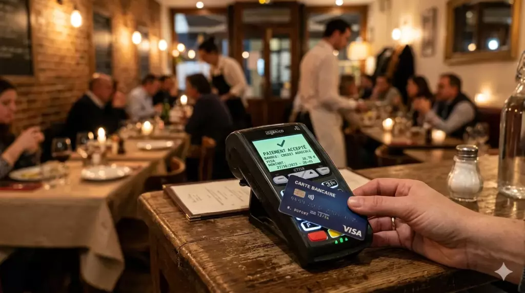 carte bancaire professionnelle gratuite 2026 : main payant sans contact avec une carte pro