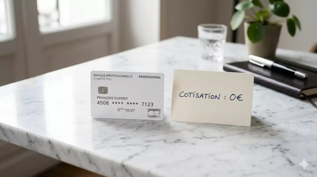 carte bancaire professionnelle gratuite 2026 : une carte pro posée sur une facture de 0€
