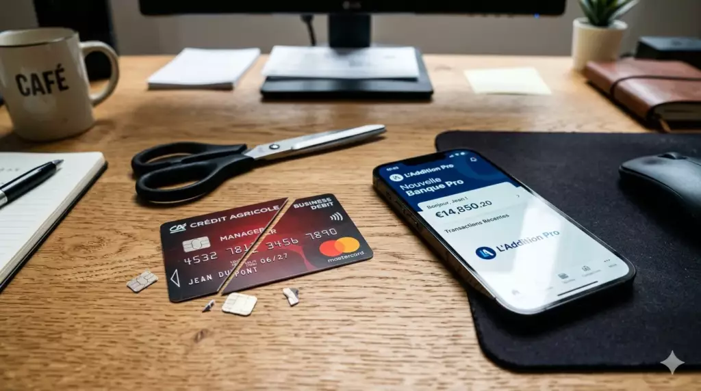 changer banque pro 2026 : dossiers bancaires empilés et carte bancaire découpée