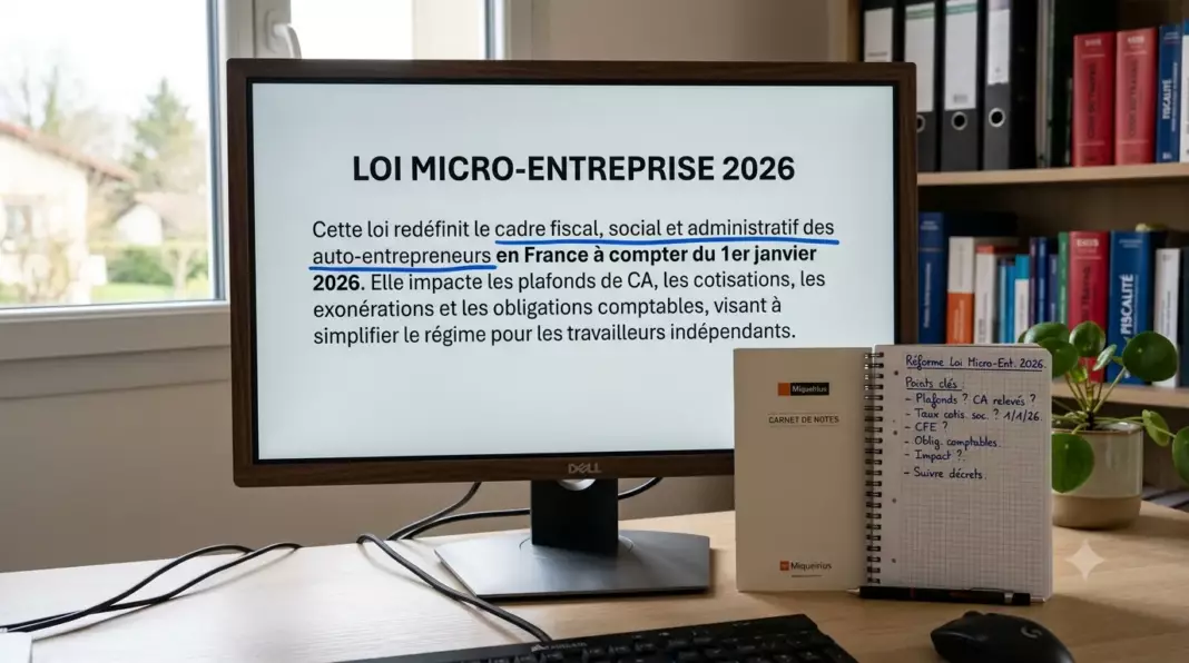 compte pro micro entreprise obligation 2026 : main pointant un article de loi sur un écran