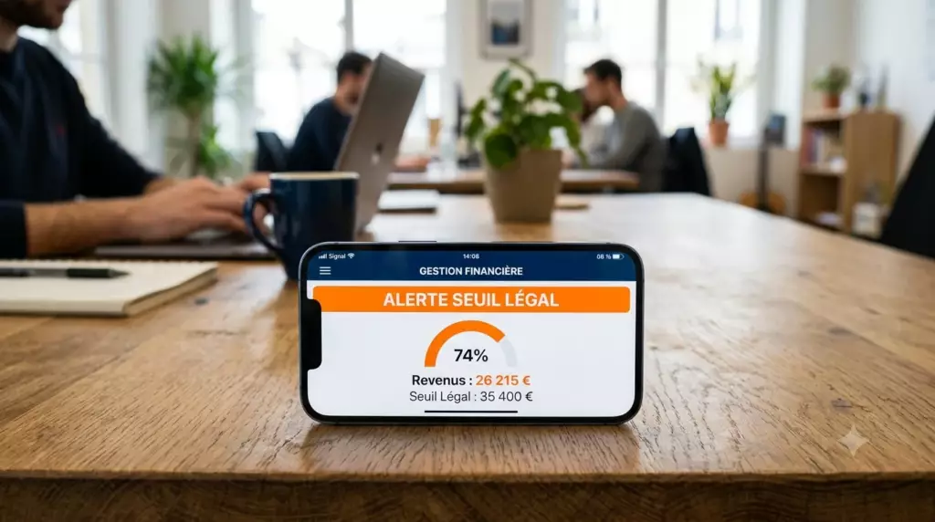 compte pro micro entreprise obligation 2026 : smartphone affichant écrit SEUIL 10 000€ ATTEINT