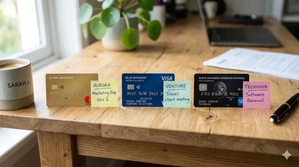 compte pro plusieurs societes 2026 : plusieurs cartes bancaires pro alignées avec des étiquettes de noms de sociétés