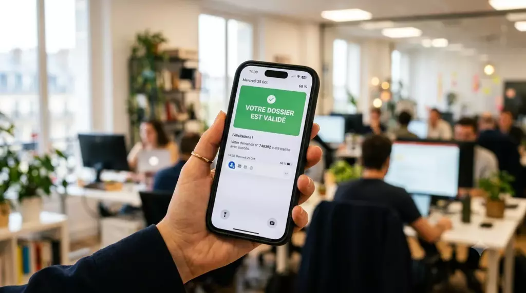 credit professionnel banque pro 2026 : smartphone affichant écrit CRÉDIT APPROUVÉ avec un badge de validation