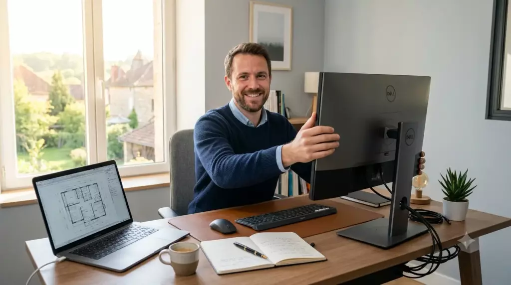 credit professionnel banque pro 2026 : entrepreneur déballant du nouveau matériel informatique dans son bureau