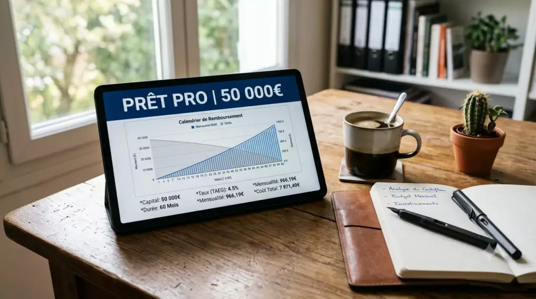 credit professionnel banque pro 2026 : écran affichant un curseur de montant d'emprunt et de mensualités