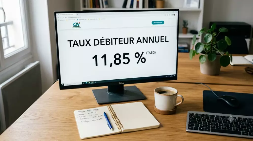 decouvert professionnel banque pro : main tenant une carte bancaire devant un ordinateur affichant écrit TAUX : 7%