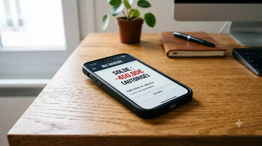 decouvert professionnel banque pro : smartphone affichant un solde négatif autorisé