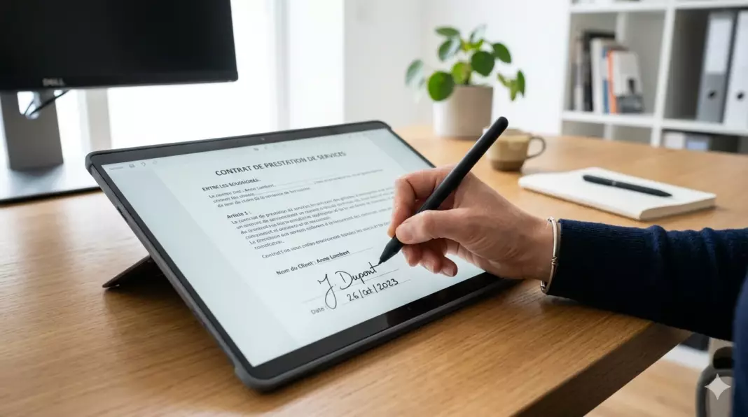 depot capital en ligne banque pro : main signant un contrat sur une tablette numérique