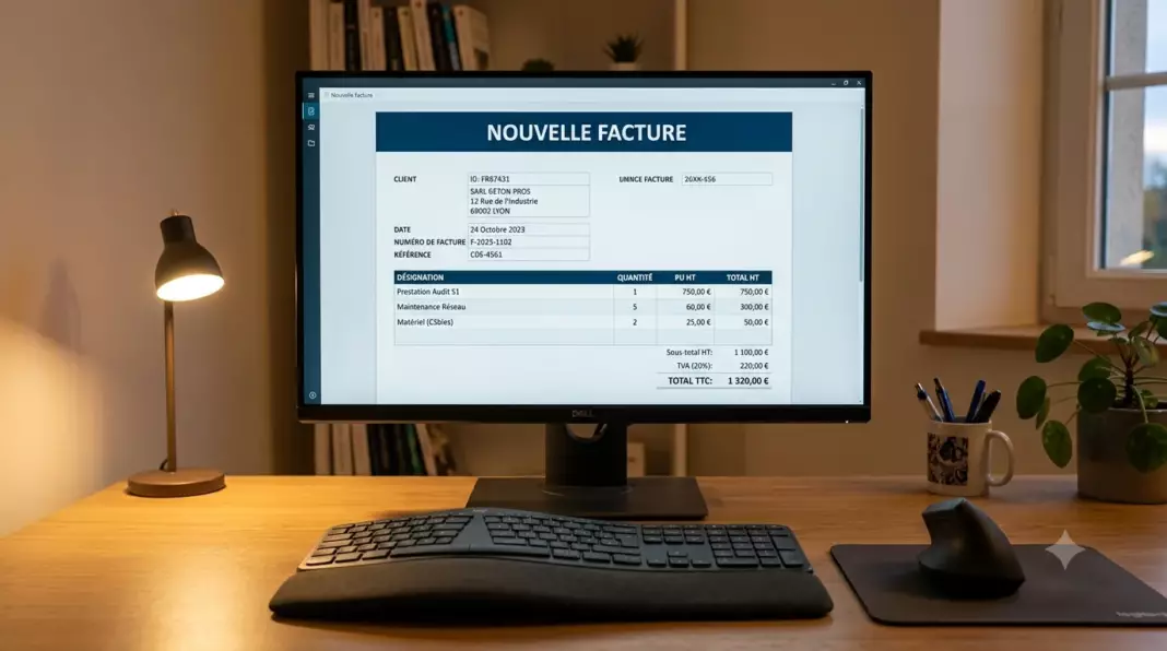 logiciel facturation banque pro integre : ordinateur montrant l'éditeur de factures intégré à la banque