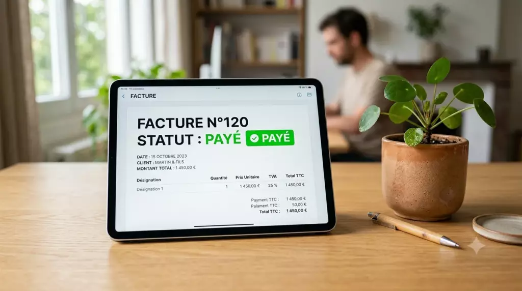 logiciel facturation banque pro integre : tablette affichant le statut PAYÉ sur une facture