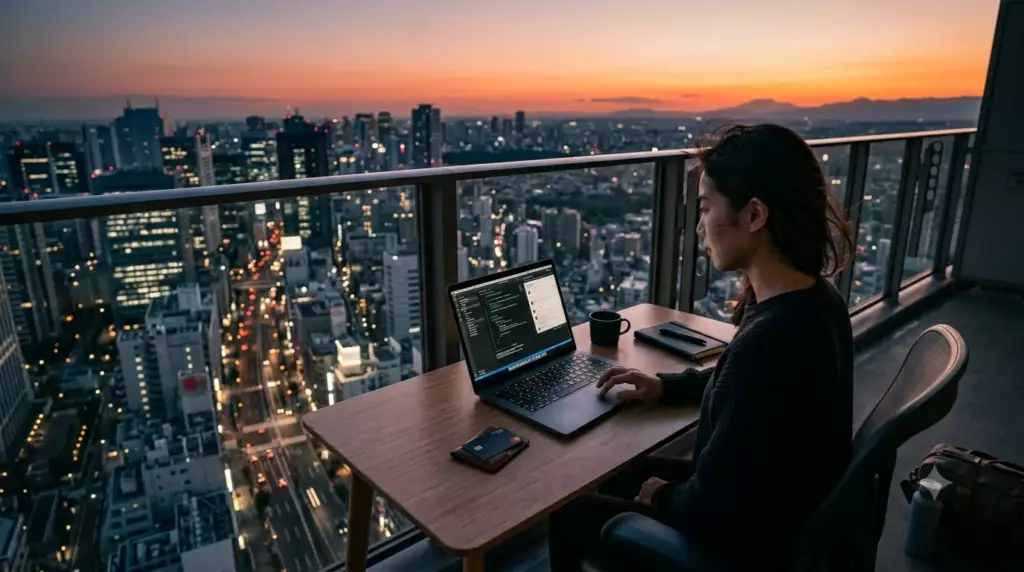 meilleure banque pro freelance 2026 : ordinateur portable devant une vue de ville étrangère