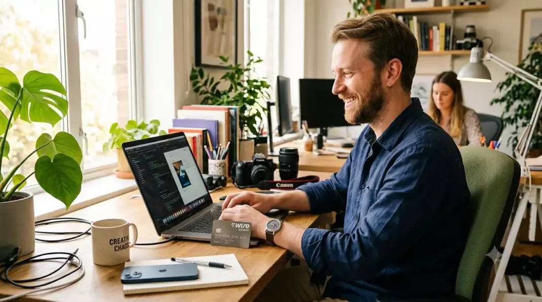 meilleure banque pro freelance 2026 : freelance travaillant sur son laptop dans un espace lumineux