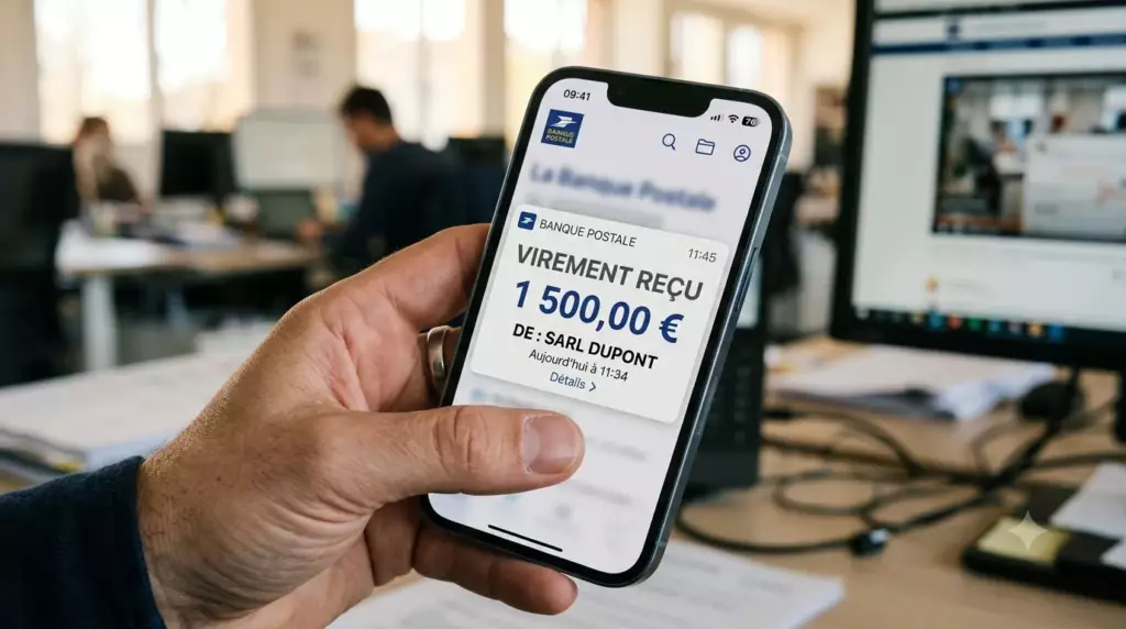 meilleure banque pro freelance 2026 : gros plan sur un smartphone affichant virement reçu