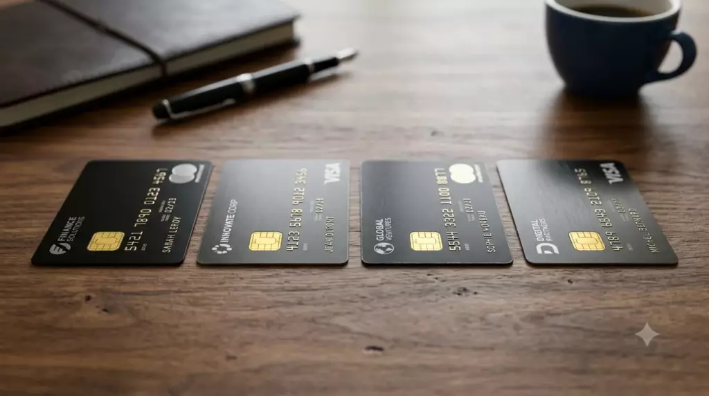 meilleure banque pro sas sarl 2026 : plusieurs cartes bancaires business identiques alignées