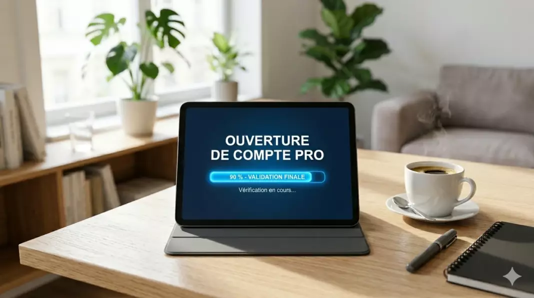 ouvrir compte pro en ligne 2026 : tablette affichant écrit ÉTAPE 3 / 4 de l'ouverture de compte