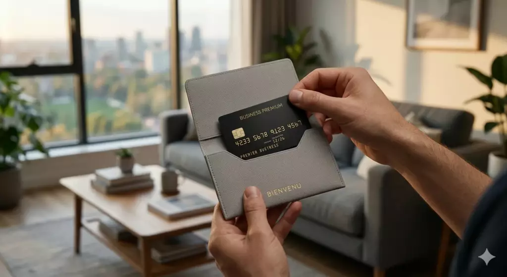 ouvrir compte pro en ligne 2026 : main ouvrant une enveloppe contenant une carte bancaire premium