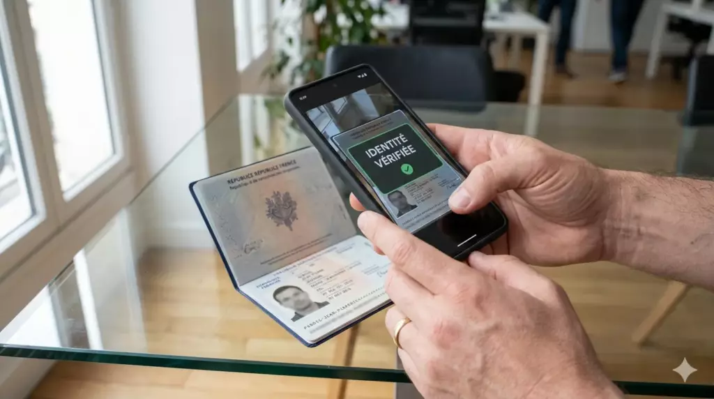ouvrir compte pro en ligne 2026 : main tenant un smartphone pour scanner un passeport en haute résolution