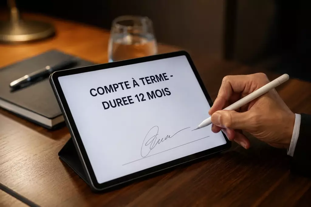 placement tresorerie entreprise 2026 : main signant un contrat de placement à terme sur tablette