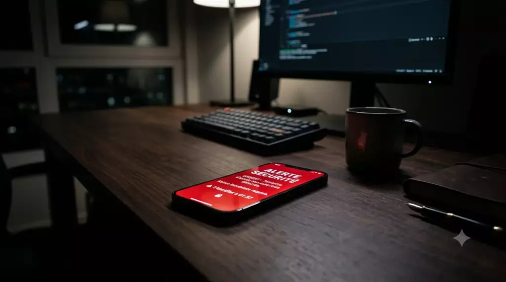 securite compte pro fraude entreprise : notification rouge sur un iPhone écrit ACTIVITÉ SUSPECTE DÉTECTÉE