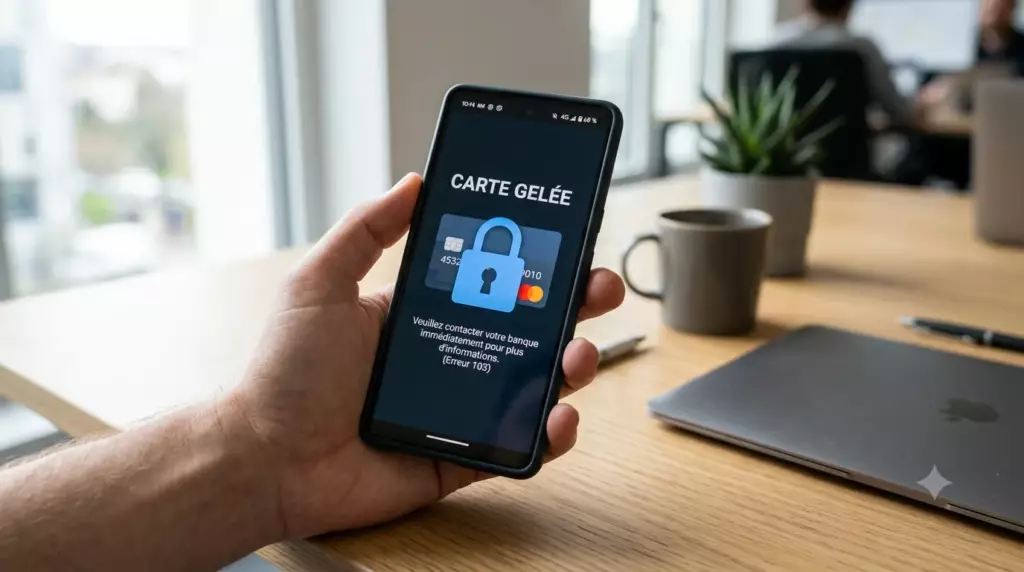 securite compte pro fraude entreprise : interface mobile avec un bouton de verrouillage de carte bancaire