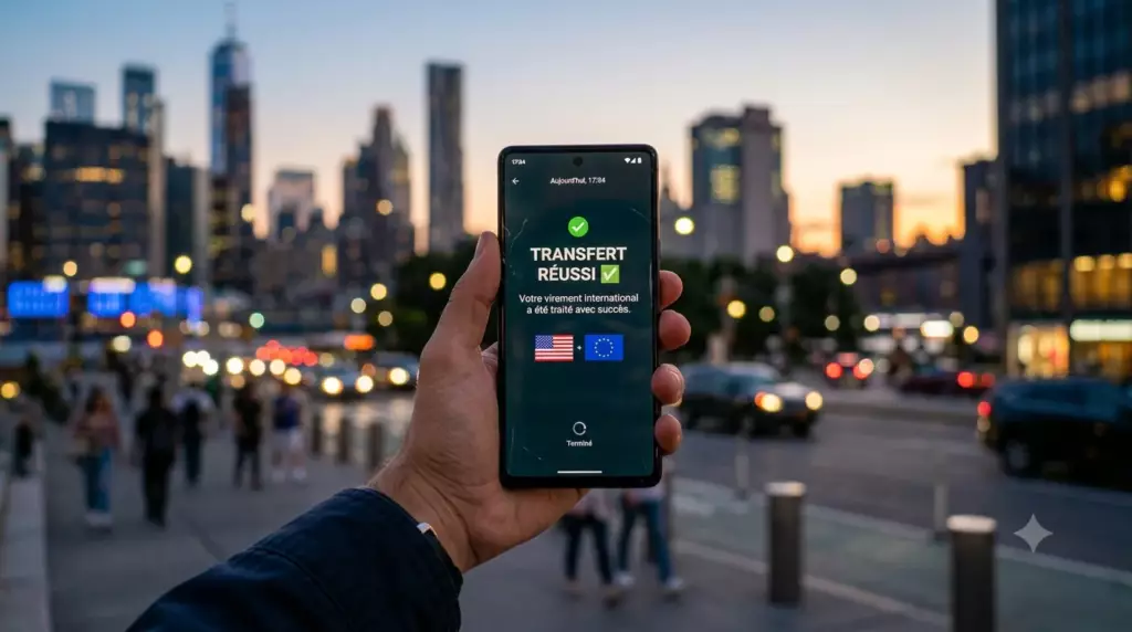 wise business airwallex revolut business comparatif : smartphone montrant une confirmation de transfert international