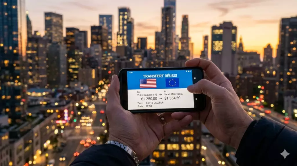 banque pro activite internationale 2026 wise business airwallex revolut business comparatif : smartphone montrant une confirmation de transfert international