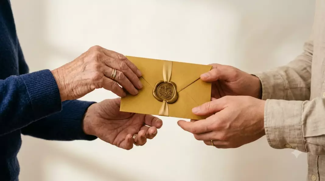 assurance vie succession 2026 : mains passant une enveloppe dorée symbolisant la transmission de patrimoine
