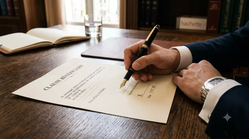 assurance vie succession 2026 : document avec clause bénéficiaire en cours de rédaction