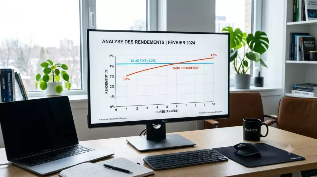 comparatif comptes à terme 2026 : deux courbes comparant l'évolution du rendement progressif vs taux fixe