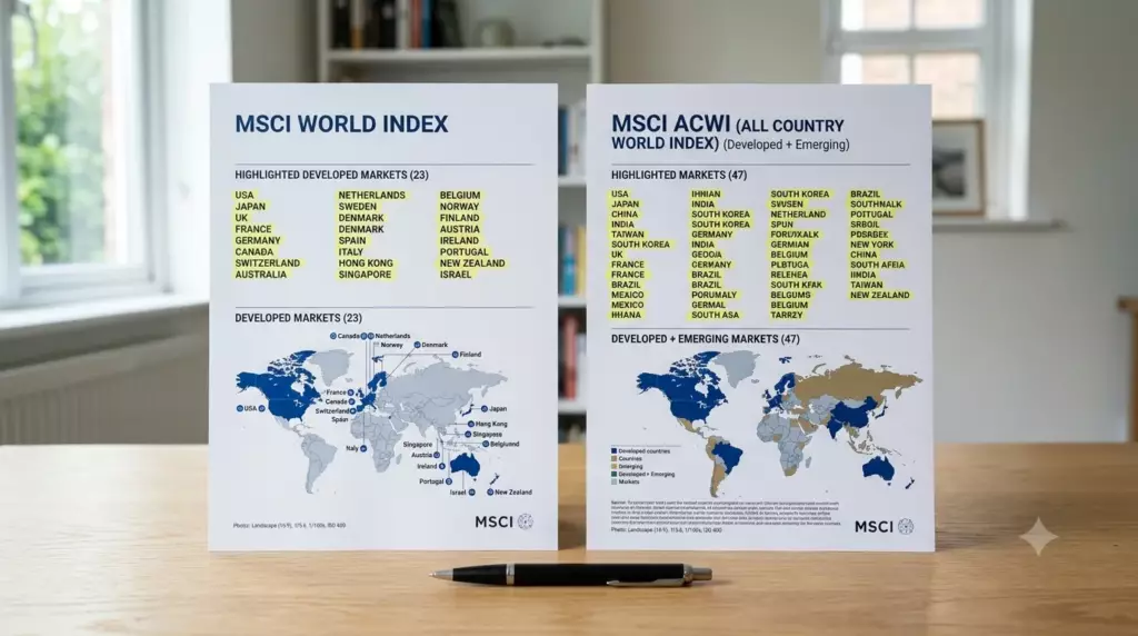 ETF monde PEA 2026 : tableau comparatif entre l'indice MSCI World et l'MSCI ACWI