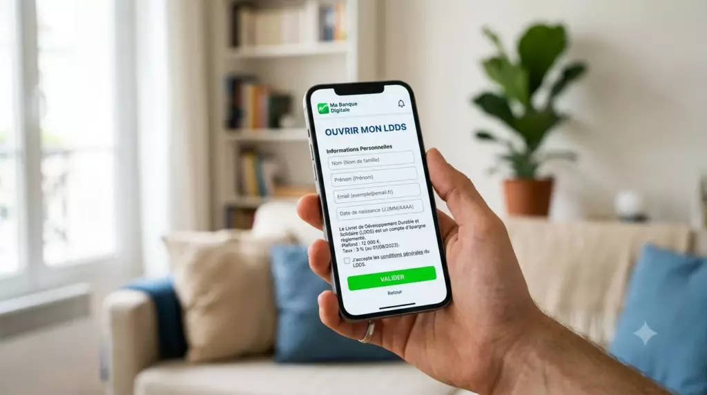 LDDS plafond 2026 : smartphone avec formulaire d'ouverture de livret en ligne