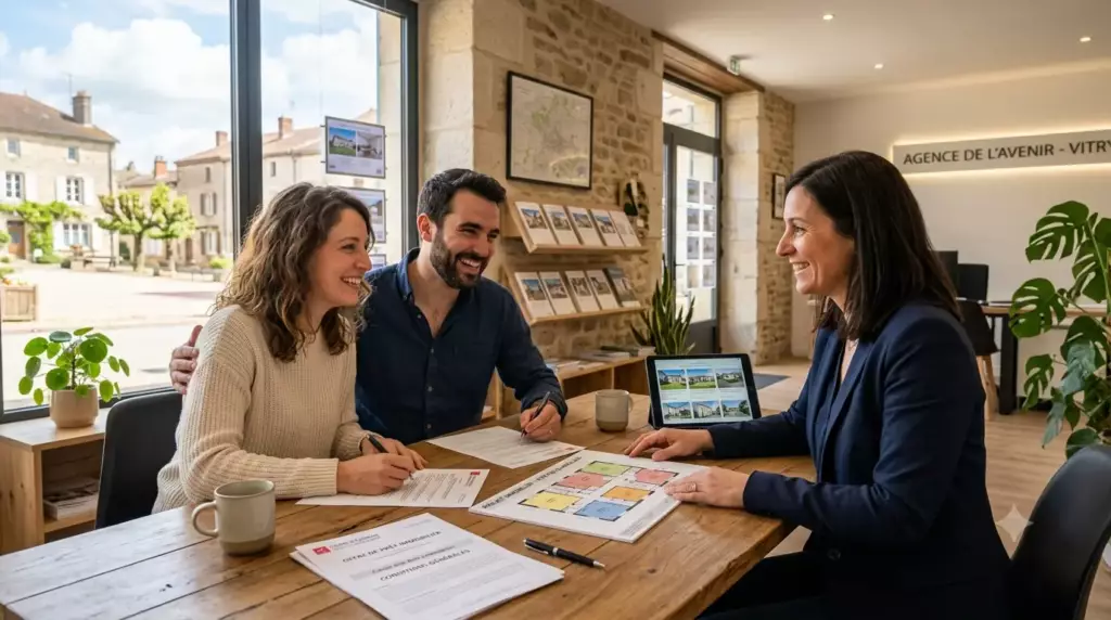 taux crédit immobilier 2026 : couple discutant d'un projet immobilier devant une maquette de maison