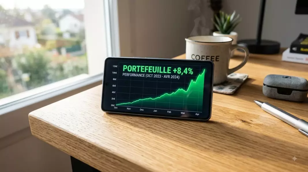 yomoni avis 2026 : smartphone affichant un portefeuille ETF avec courbe de performance