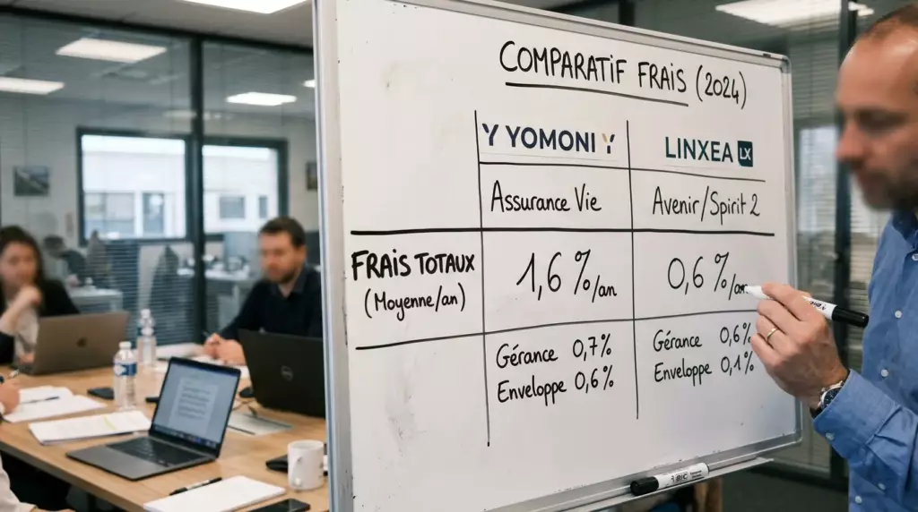 yomoni vs linxea 2026 : graphique comparant les frais totaux annuels des deux contrats